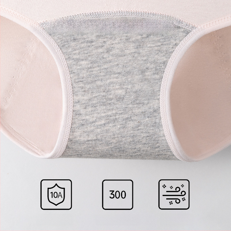 Dámske menštruačné nohavičky s antibakteriálnou ochranou a 3‑vrstvovou ochranou proti úniku, vysoký pás; hlavný materiál 95% bavlna, podšívka rozkroku 100% bavlna