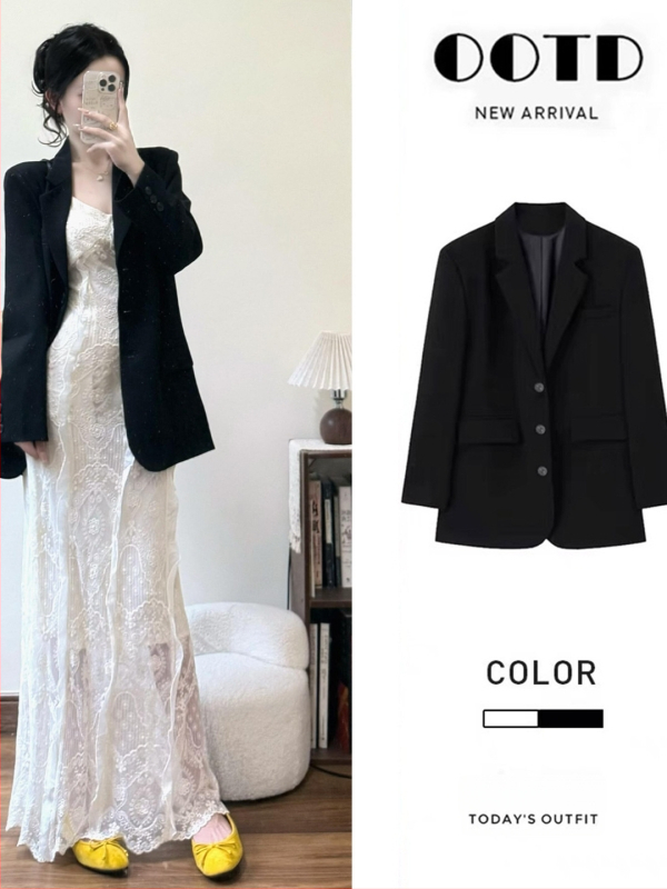 Blazer - Kórejský štýl, voľný strih, midi dĺžka, sakový golier, polyester-spandex zmes