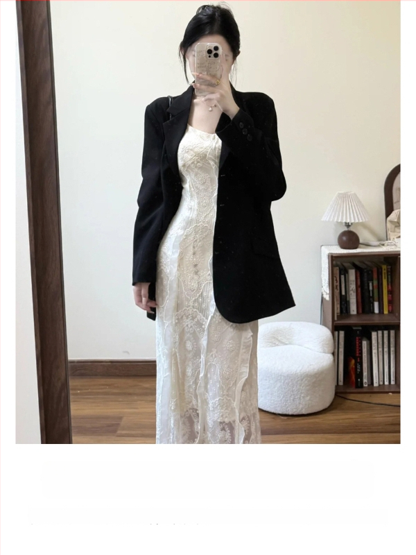 Blazer - Kórejský štýl, voľný strih, midi dĺžka, sakový golier, polyester-spandex zmes