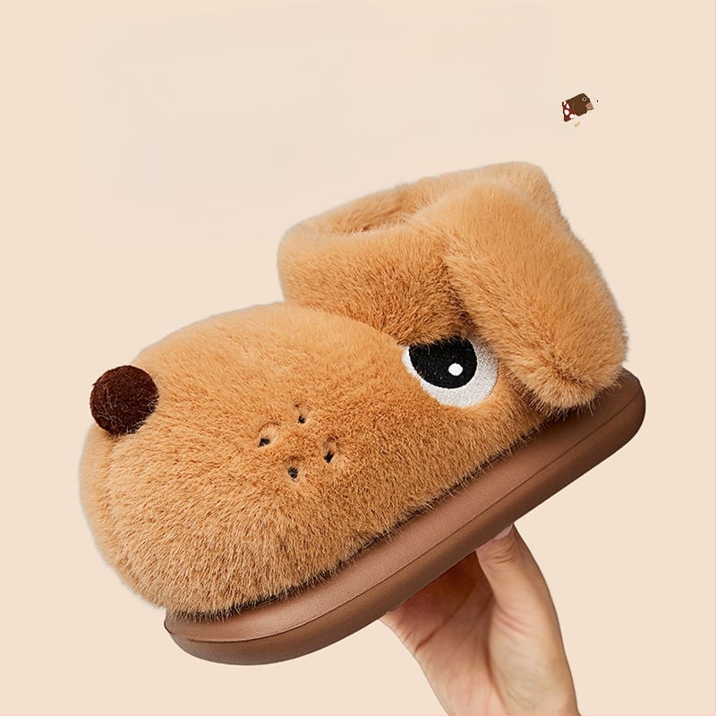 Unisex vnútorné papuče z bavlny s plyšovou podšívkou — stredná výška, EVA podrážka, motív kresleného šteniatka
