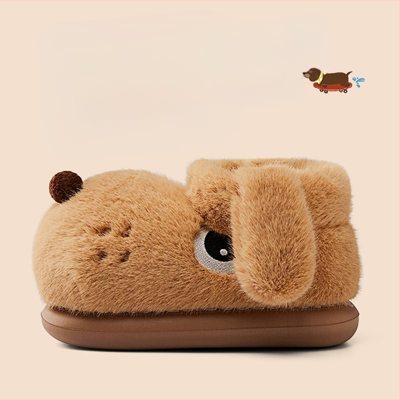 Unisex vnútorné papuče z bavlny s plyšovou podšívkou — stredná výška, EVA podrážka, motív kresleného šteniatka