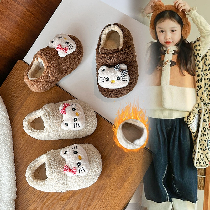 Detské topánky — Cartoon mačací vzor, plyšový štýl, zapínanie na suchý zips, vrchný materiál z ultra mäkkého velúru, gumová podrážka