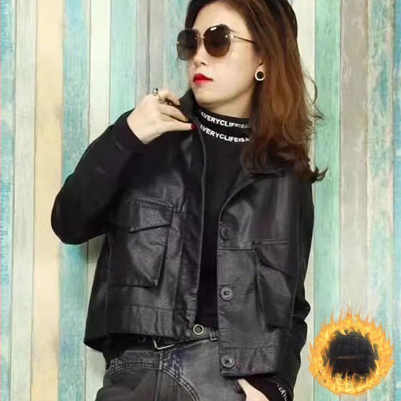 Dámska kožená bunda z umelej kože s podšívkou, ultra krátka dĺžka do 40 cm, golier Polo, bez rukávov, zmes Spandex, jar 2025