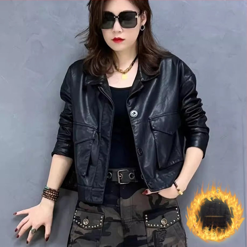 Dámska kožená bunda z umelej kože s podšívkou, ultra krátka dĺžka do 40 cm, golier Polo, bez rukávov, zmes Spandex, jar 2025