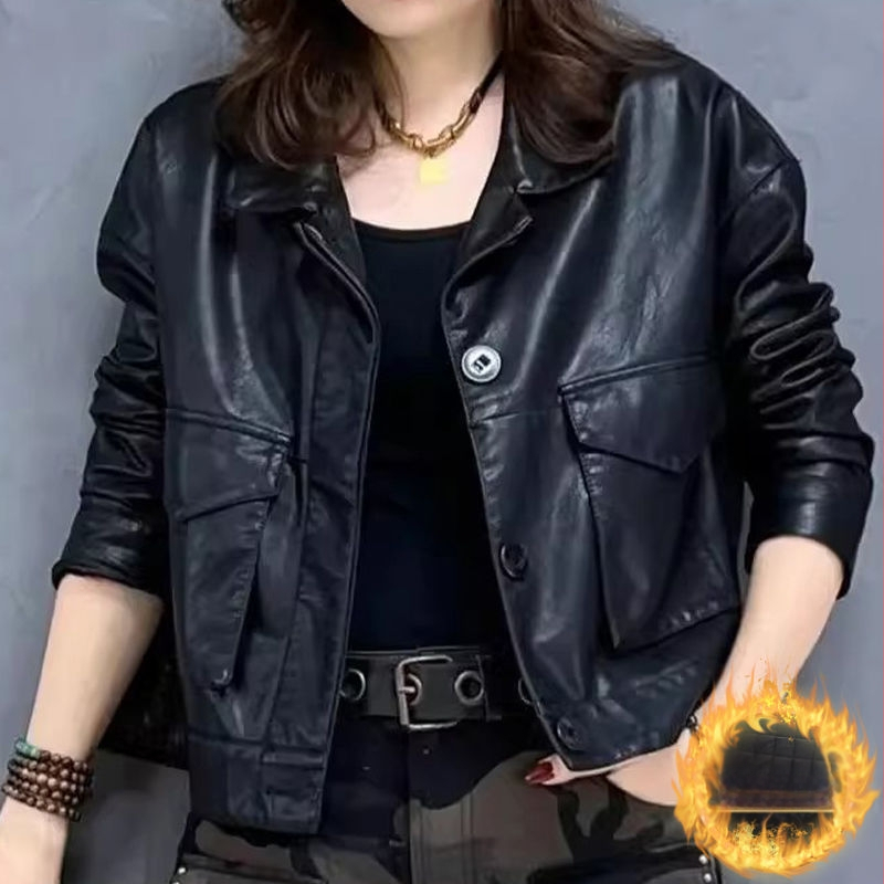 Dámska kožená bunda z umelej kože s podšívkou, ultra krátka dĺžka do 40 cm, golier Polo, bez rukávov, zmes Spandex, jar 2025