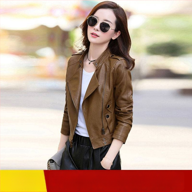 Dámska kožená krátka biker bunda, štíhly strih, stojací golier, zips