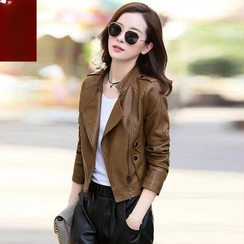 Dámska kožená krátka biker bunda, štíhly strih, stojací golier, zips