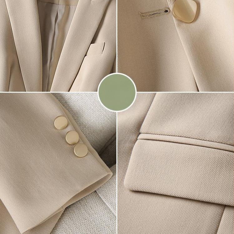 Dámske sako na kostým, polyester, voľný strih, dĺžka 50–65 cm, golier na sako, dlhé rukávy, zapínanie na jeden gombík, jar 2025