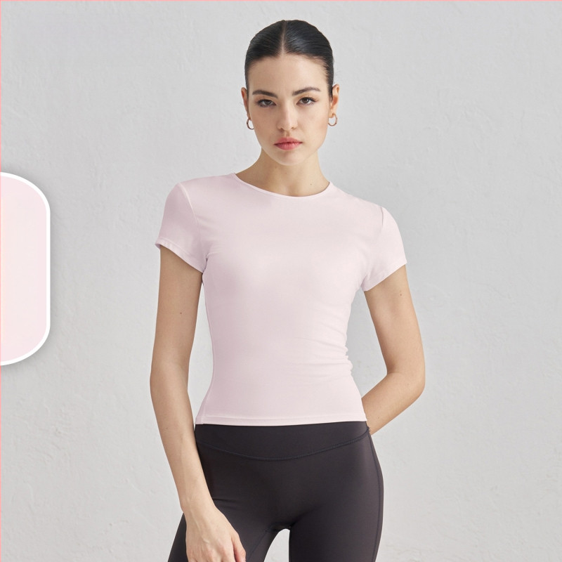 Dámske tričko na jogu a tréning s krátkymi rukávmi, priedušné, SNU tkanina, 91% nylon + 9% spandex, boková dĺžka, úzky strih