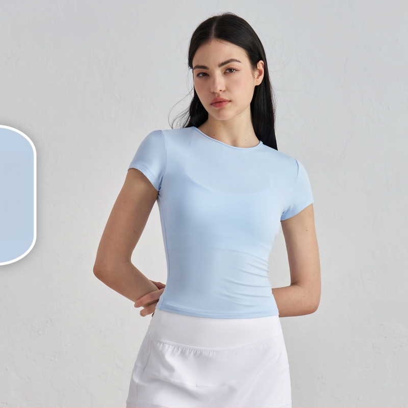 Dámske tričko na jogu a tréning s krátkymi rukávmi, priedušné, SNU tkanina, 91% nylon + 9% spandex, boková dĺžka, úzky strih