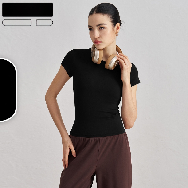 Dámske tričko na jogu a tréning s krátkymi rukávmi, priedušné, SNU tkanina, 91% nylon + 9% spandex, boková dĺžka, úzky strih