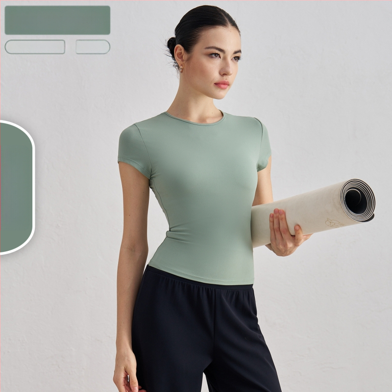 Dámske tričko na jogu a tréning s krátkymi rukávmi, priedušné, SNU tkanina, 91% nylon + 9% spandex, boková dĺžka, úzky strih