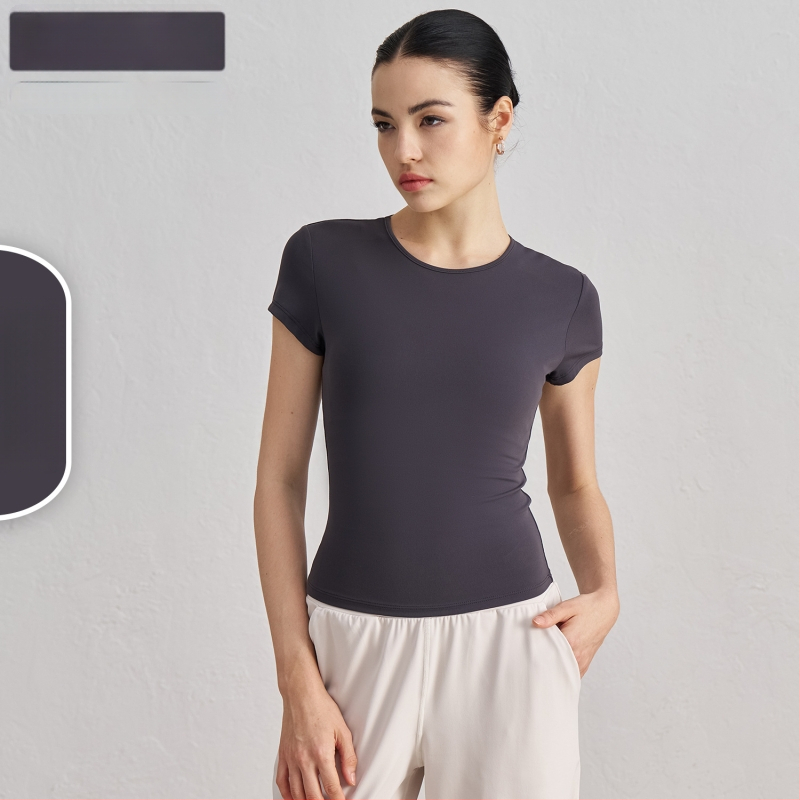 Dámske tričko na jogu a tréning s krátkymi rukávmi, priedušné, SNU tkanina, 91% nylon + 9% spandex, boková dĺžka, úzky strih