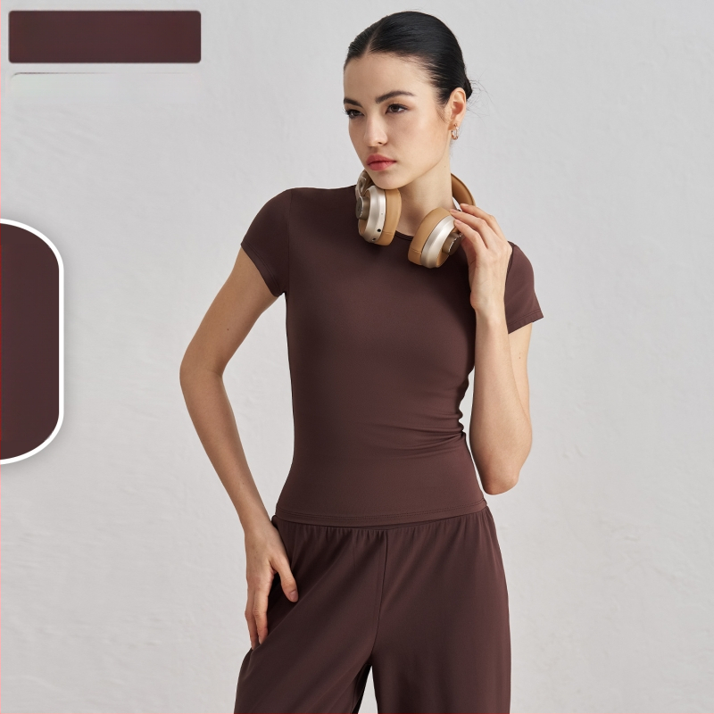 Dámske tričko na jogu a tréning s krátkymi rukávmi, priedušné, SNU tkanina, 91% nylon + 9% spandex, boková dĺžka, úzky strih