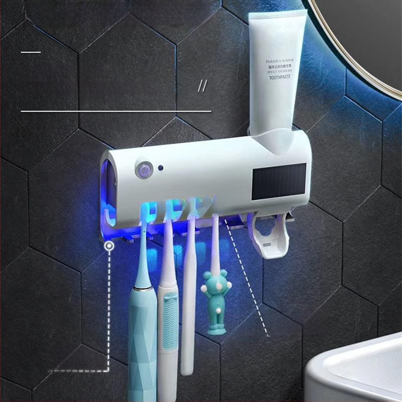 Elektrický sterilizátor na zubné kefky s UV sušením, integrovaný lis na pastu a úložný priestor na pohár bez perforácie