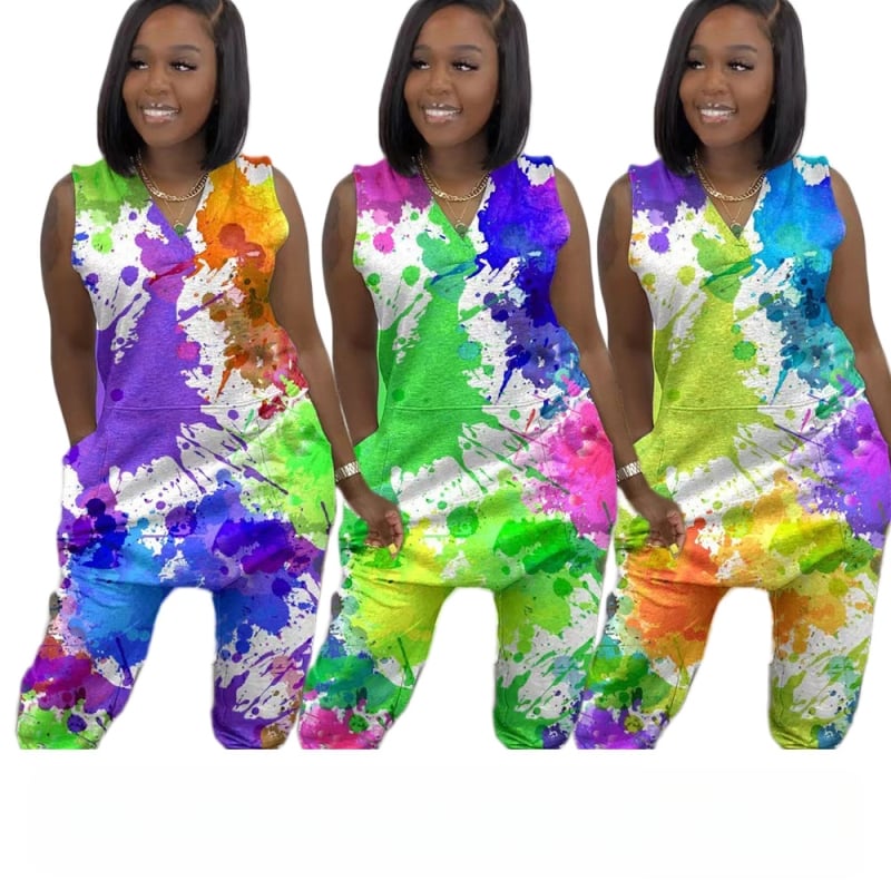 XT8310 Tie-Dye overal, 95% polyester, bez rukávov, úzke nohavice, leto 2023