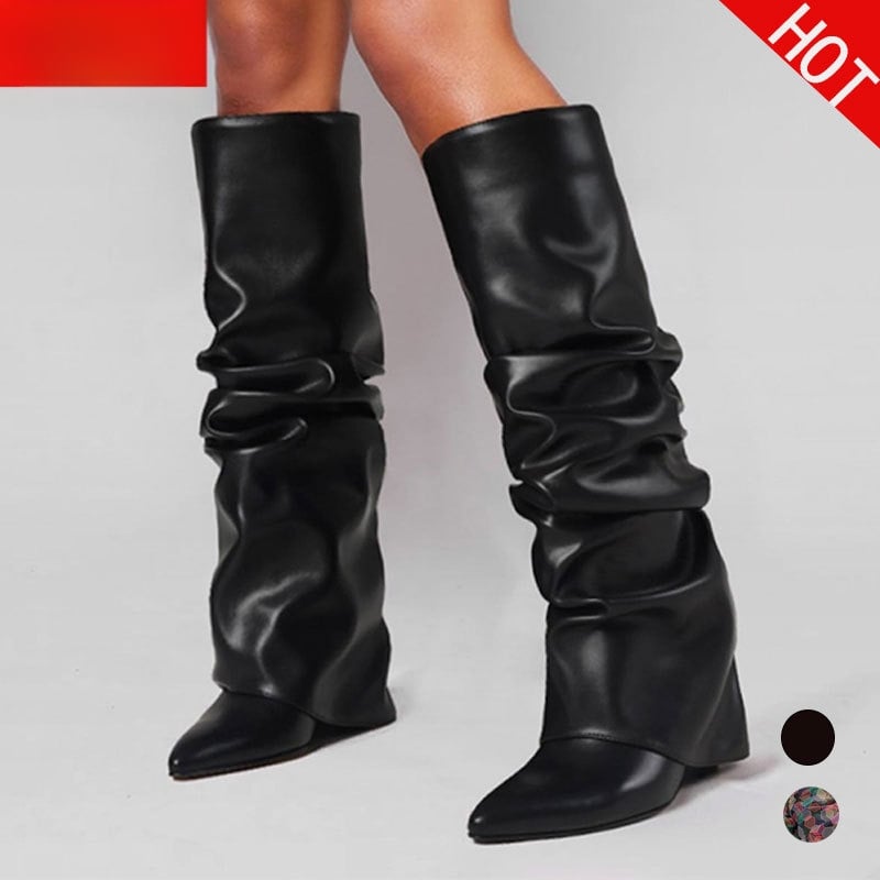 Ženské čižmy do kolien s klinovým podpätkom, špičatý nos, bočné zapínanie na zips, PU vrchná časť, zimné