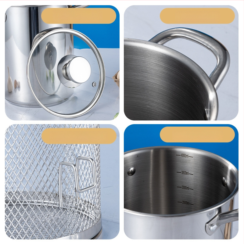 Hlboký hrniec z nehrdzavejúcej ocele 304, zložený dno, multifunkčný kuchynský hrniec na bežnú platňu