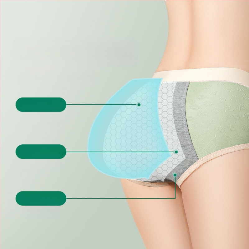 Dámske menštruačné spodné nohavičky s stredným pásom, reliéfny vzor, grafén antibakteriálna podšívka, viskózová látka.