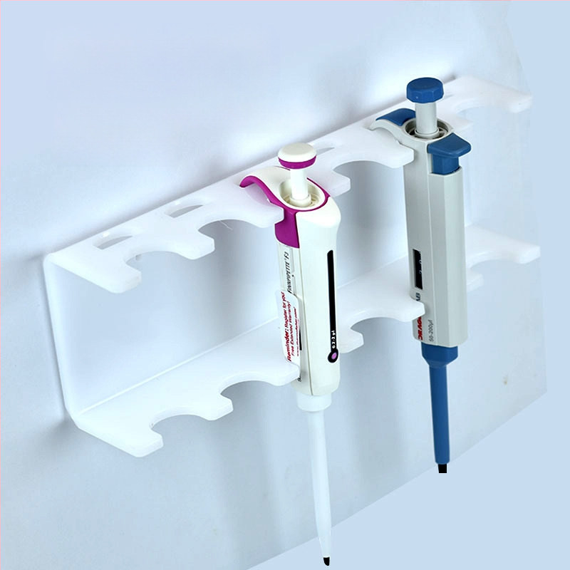 Držiak na pipety z organického akrylu, Z-tvar, na stenu, s 5 držiakmi, plochá doska, laserové rezanie