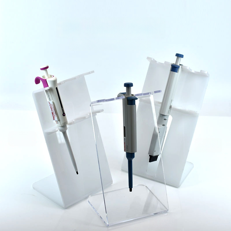Držiak na pipety z organického akrylu, Z-tvar, na stenu, s 5 držiakmi, plochá doska, laserové rezanie
