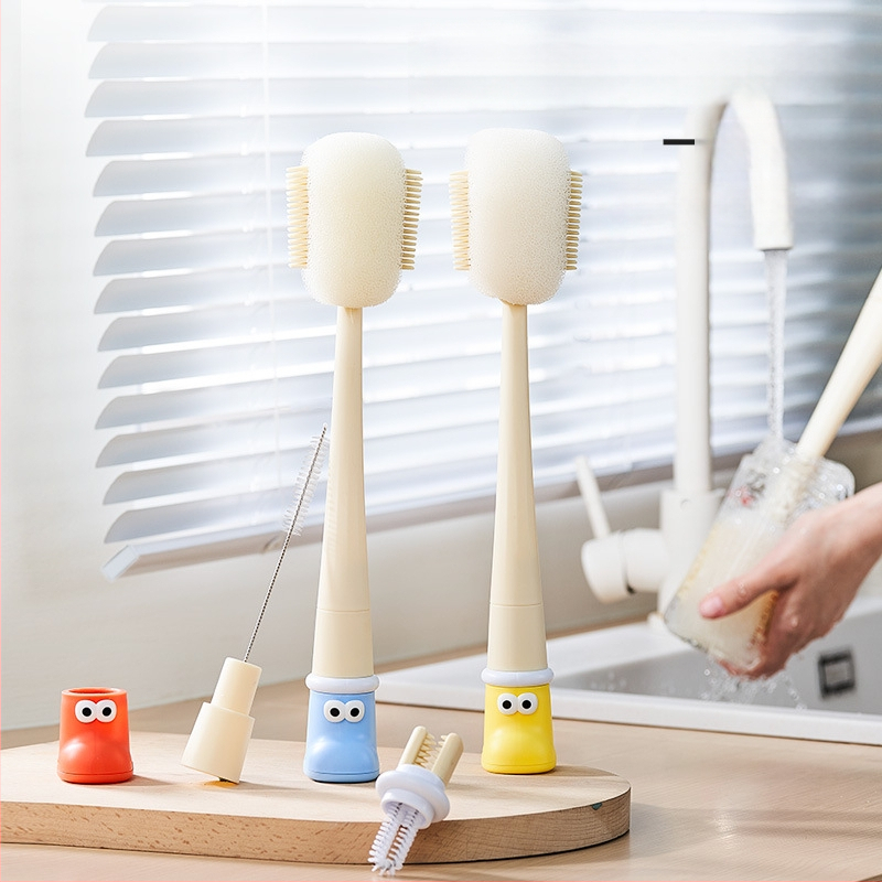 Dlhá rukoväť čistiacej kefy na poháre pre detské fľaše, šálky a slamky; 3 v 1 čistiaca kefka na medzery a hubka