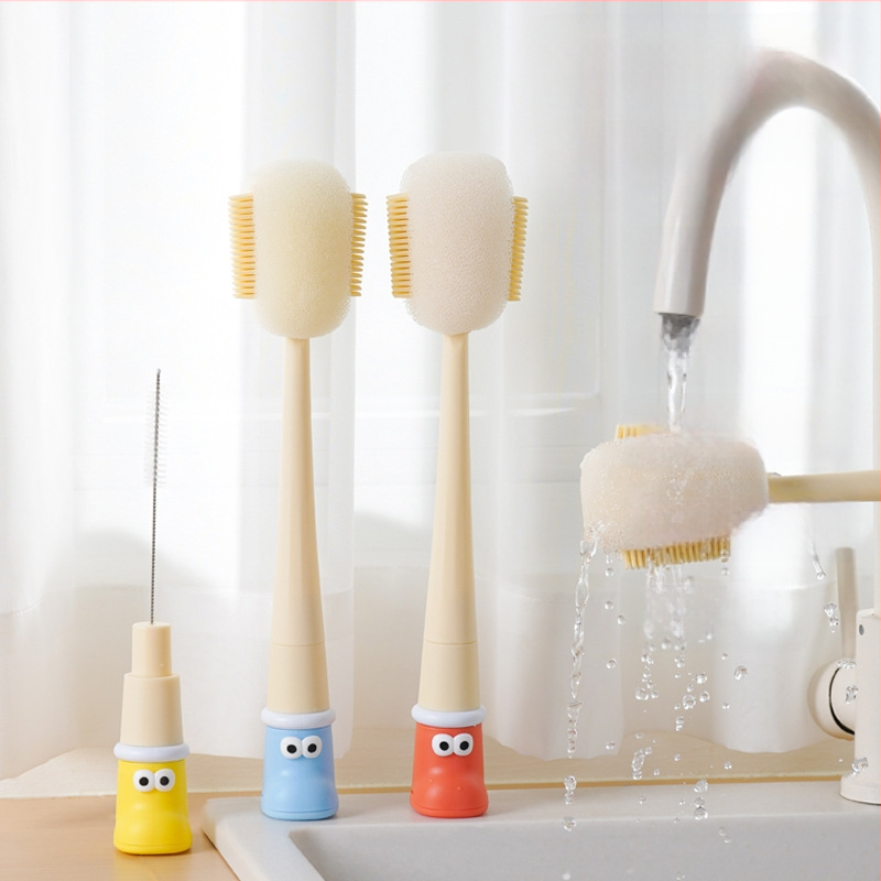 Dlhá rukoväť čistiacej kefy na poháre pre detské fľaše, šálky a slamky; 3 v 1 čistiaca kefka na medzery a hubka