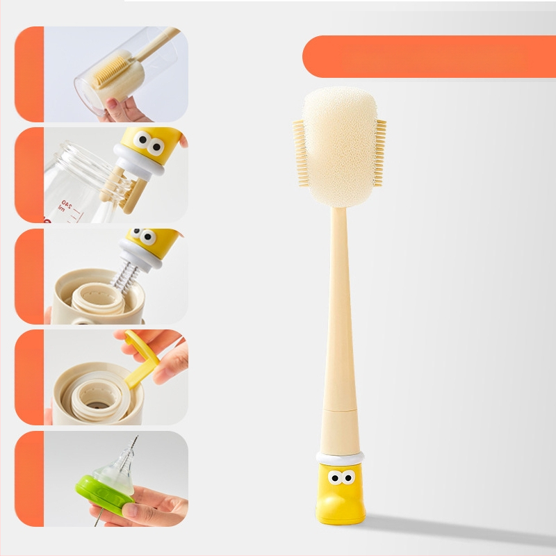 Dlhá rukoväť čistiacej kefy na poháre pre detské fľaše, šálky a slamky; 3 v 1 čistiaca kefka na medzery a hubka