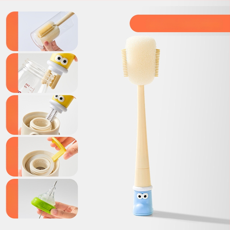 Dlhá rukoväť čistiacej kefy na poháre pre detské fľaše, šálky a slamky; 3 v 1 čistiaca kefka na medzery a hubka