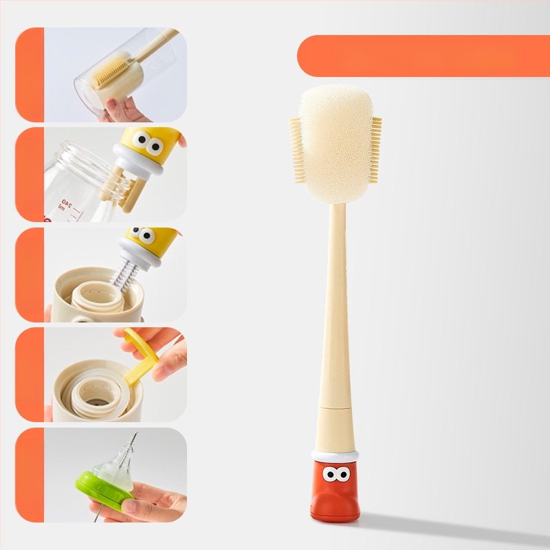 Dlhá rukoväť čistiacej kefy na poháre pre detské fľaše, šálky a slamky; 3 v 1 čistiaca kefka na medzery a hubka