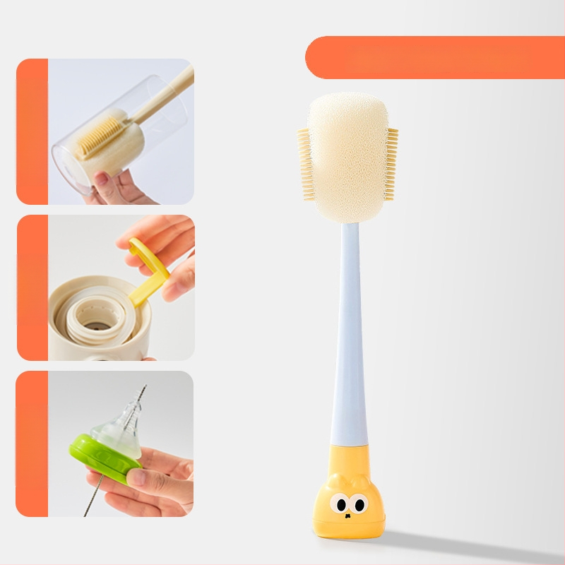 Dlhá rukoväť čistiacej kefy na poháre pre detské fľaše, šálky a slamky; 3 v 1 čistiaca kefka na medzery a hubka