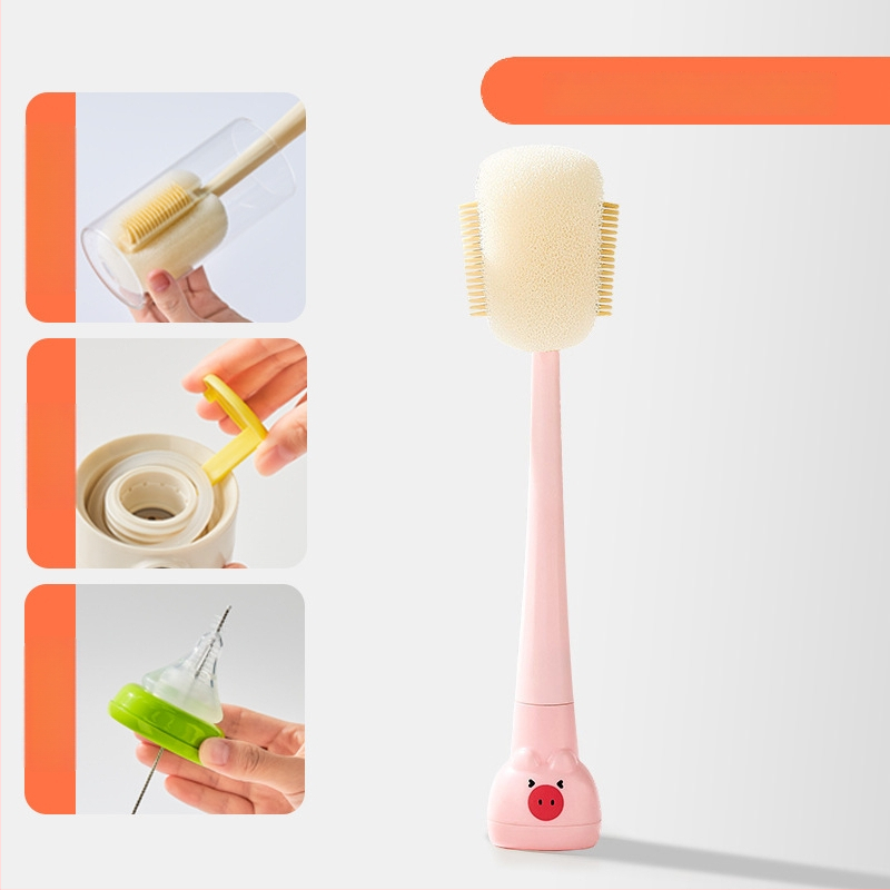 Dlhá rukoväť čistiacej kefy na poháre pre detské fľaše, šálky a slamky; 3 v 1 čistiaca kefka na medzery a hubka