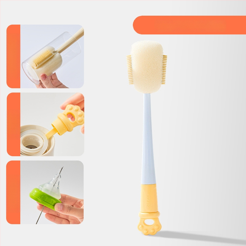Dlhá rukoväť čistiacej kefy na poháre pre detské fľaše, šálky a slamky; 3 v 1 čistiaca kefka na medzery a hubka