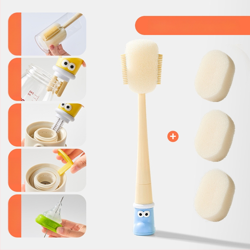 Dlhá rukoväť čistiacej kefy na poháre pre detské fľaše, šálky a slamky; 3 v 1 čistiaca kefka na medzery a hubka