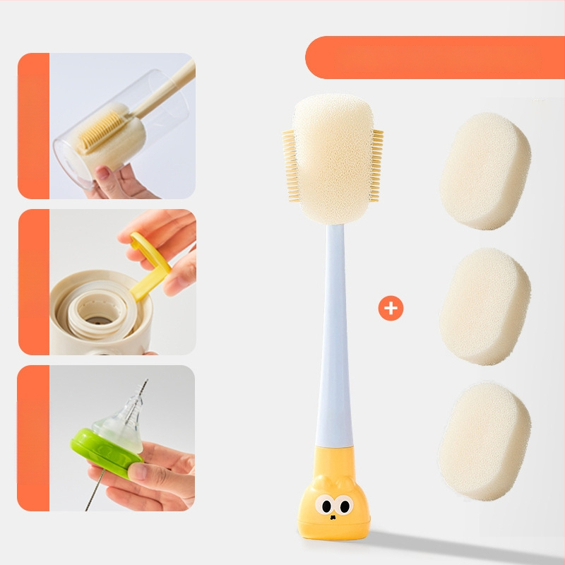 Dlhá rukoväť čistiacej kefy na poháre pre detské fľaše, šálky a slamky; 3 v 1 čistiaca kefka na medzery a hubka