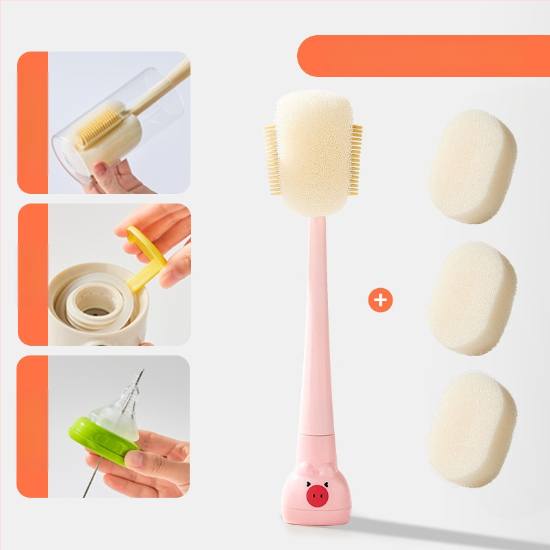 Dlhá rukoväť čistiacej kefy na poháre pre detské fľaše, šálky a slamky; 3 v 1 čistiaca kefka na medzery a hubka