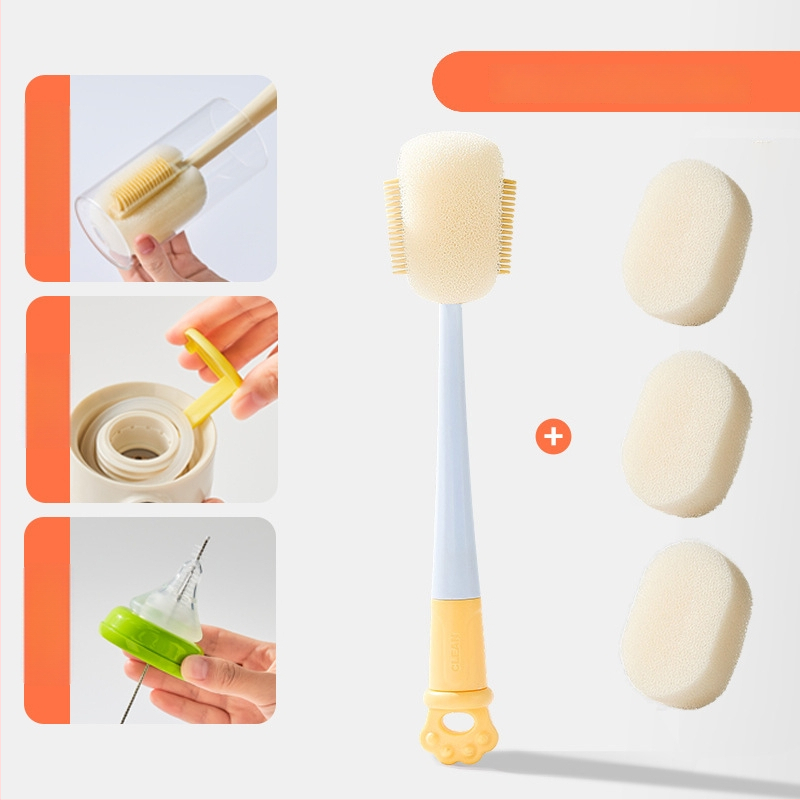 Dlhá rukoväť čistiacej kefy na poháre pre detské fľaše, šálky a slamky; 3 v 1 čistiaca kefka na medzery a hubka