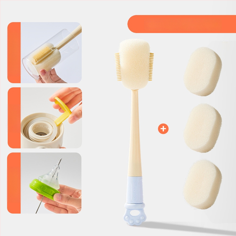 Dlhá rukoväť čistiacej kefy na poháre pre detské fľaše, šálky a slamky; 3 v 1 čistiaca kefka na medzery a hubka