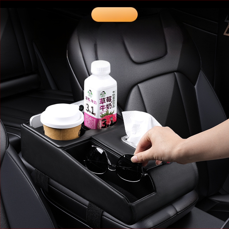 Ādas automašīnas uzglabāšanas organizators ar salvetu kastīti un krūzes turētāju, universāla saderība, Guangzhou izcelsme, pielāgota apstrāde