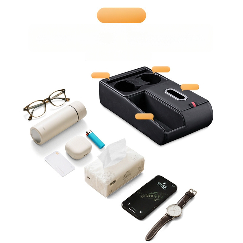 Ādas automašīnas uzglabāšanas organizators ar salvetu kastīti un krūzes turētāju, universāla saderība, Guangzhou izcelsme, pielāgota apstrāde