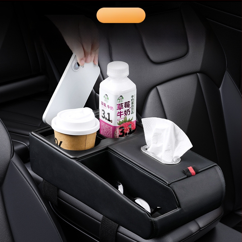 Ādas automašīnas uzglabāšanas organizators ar salvetu kastīti un krūzes turētāju, universāla saderība, Guangzhou izcelsme, pielāgota apstrāde