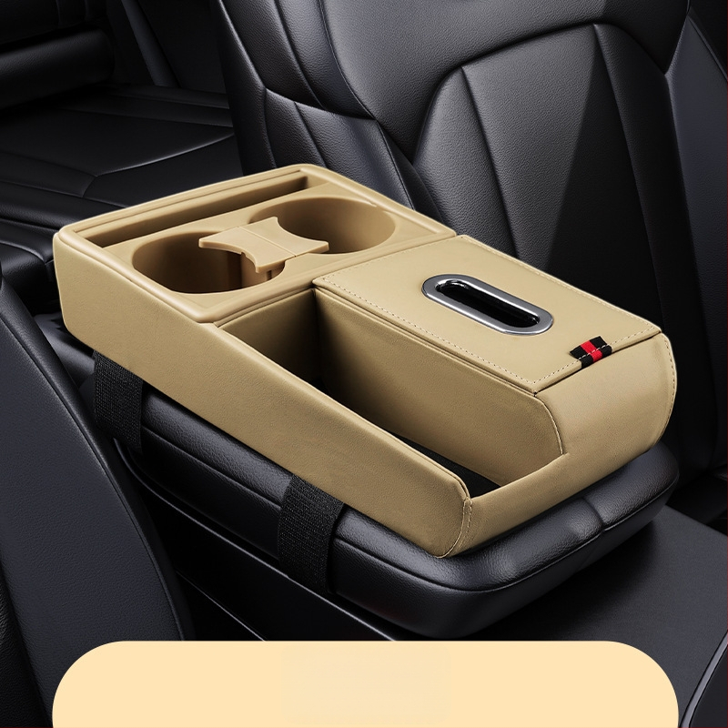 Ādas automašīnas uzglabāšanas organizators ar salvetu kastīti un krūzes turētāju, universāla saderība, Guangzhou izcelsme, pielāgota apstrāde