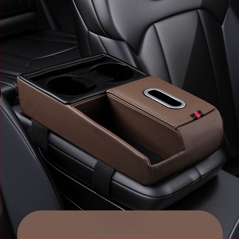 Ādas automašīnas uzglabāšanas organizators ar salvetu kastīti un krūzes turētāju, universāla saderība, Guangzhou izcelsme, pielāgota apstrāde