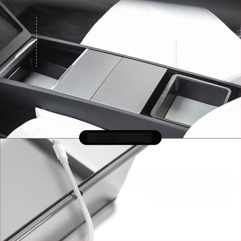 Box na stredovú konzolu pre Tesla Model Y/3 (YL prepracované vydanie) – medzi sedadlami, z plastu, vodotesný, odolný voči tlaku, s držadlom