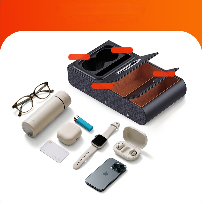 Ādas auto rokasbalsta organizētājs – daudzfunkcionāls uzglabāšanas nodalījums ar salvetes kastīti, krūžu turētāju un tālruņa stiprinājumu (universālais stiprinājums)