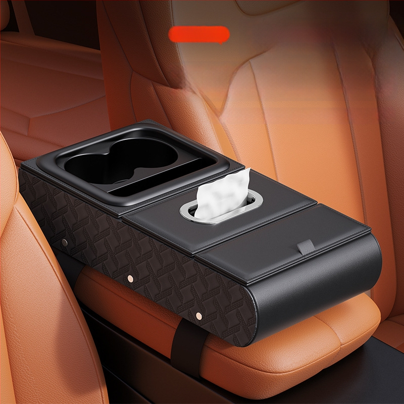 Ādas auto rokasbalsta organizētājs – daudzfunkcionāls uzglabāšanas nodalījums ar salvetes kastīti, krūžu turētāju un tālruņa stiprinājumu (universālais stiprinājums)