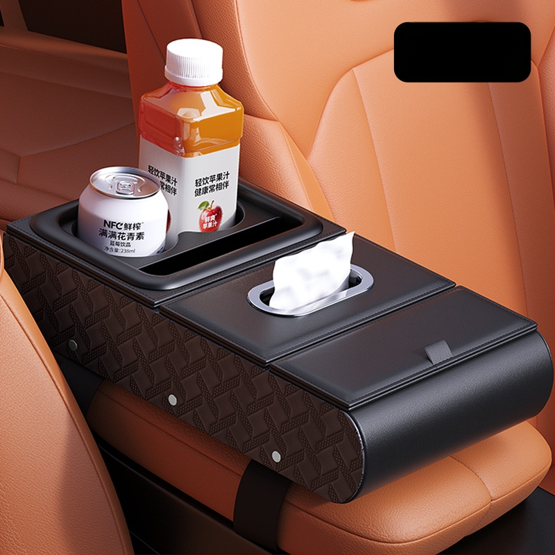 Ādas auto rokasbalsta organizētājs – daudzfunkcionāls uzglabāšanas nodalījums ar salvetes kastīti, krūžu turētāju un tālruņa stiprinājumu (universālais stiprinājums)