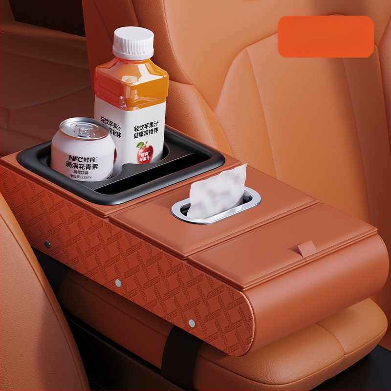 Ādas auto rokasbalsta organizētājs – daudzfunkcionāls uzglabāšanas nodalījums ar salvetes kastīti, krūžu turētāju un tālruņa stiprinājumu (universālais stiprinājums)