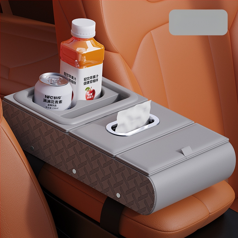 Ādas auto rokasbalsta organizētājs – daudzfunkcionāls uzglabāšanas nodalījums ar salvetes kastīti, krūžu turētāju un tālruņa stiprinājumu (universālais stiprinājums)