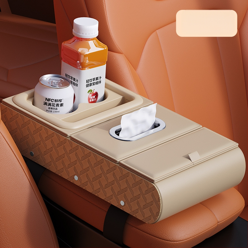 Ādas auto rokasbalsta organizētājs – daudzfunkcionāls uzglabāšanas nodalījums ar salvetes kastīti, krūžu turētāju un tālruņa stiprinājumu (universālais stiprinājums)